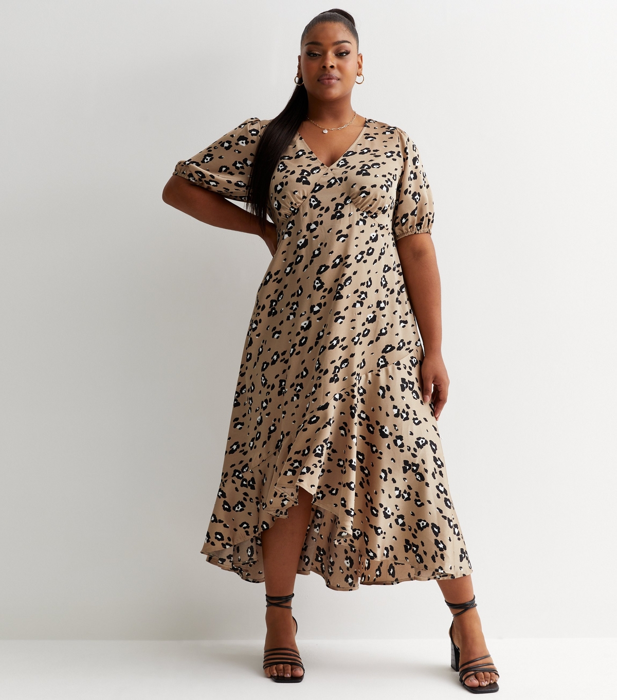 Women's Plus Size Brown Leopard Print Frill Detail Midi Dress Curves New Look