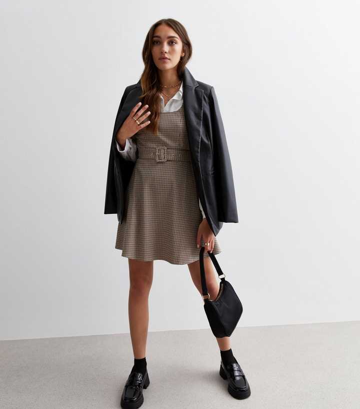 Brown Check Belted Mini Pinafore Dress