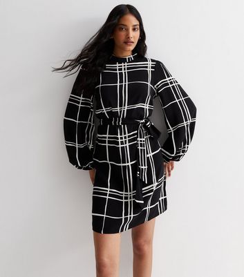 Black Check High Neck Belted Mini Dress New Look