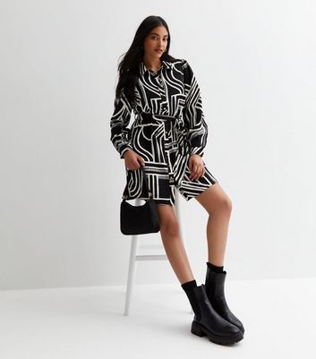 Black Abstract Stripe Belted Mini Shirt Dress New Look