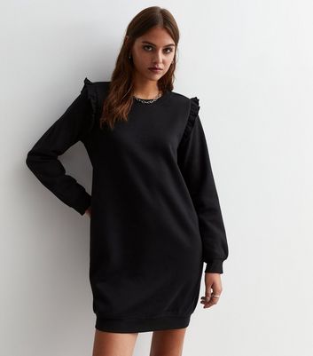 Black Jersey Frill Sweatshirt Mini Dress New Look