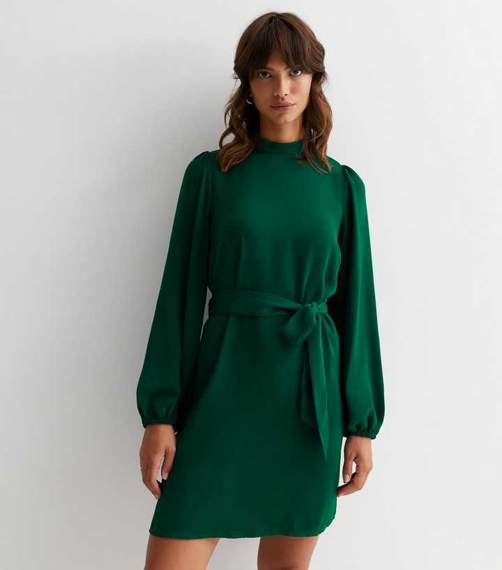 Dark Green High Neck Belted Mini Dress | New Look
