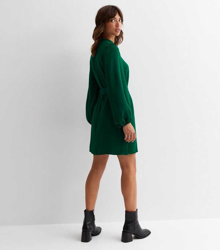 Dark Green High Neck Belted Mini Dress | New Look