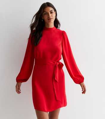 Red High Neck Belted Tunic Dress