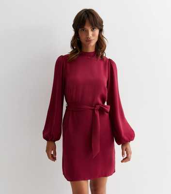 Burgundy High Neck Belted Mini Dress