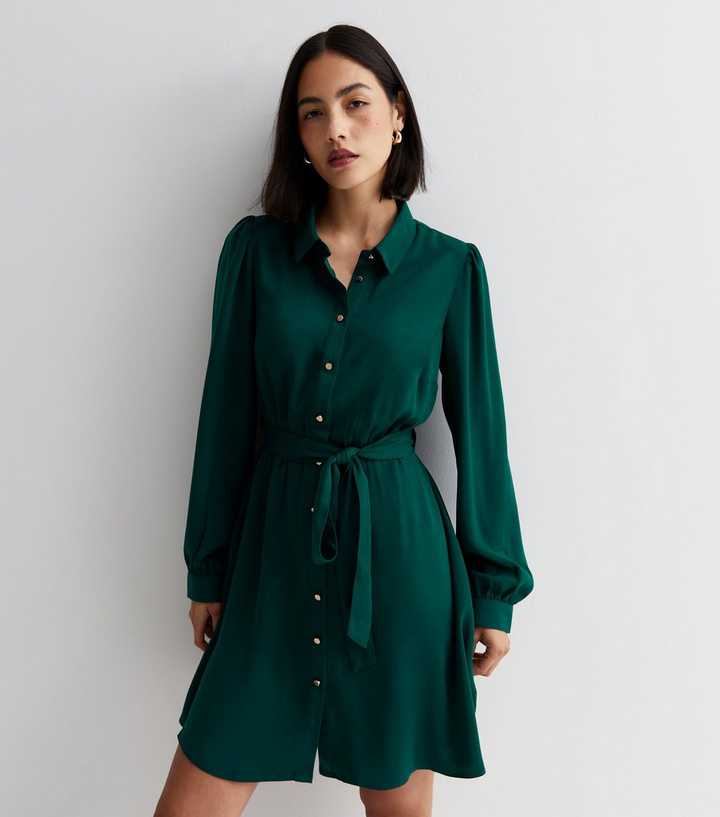 New Look Women's Dark Green Belted Mini Shirt Dress - UK 14