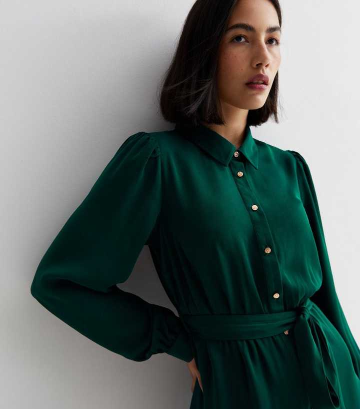 New Look Women's Dark Green Belted Mini Shirt Dress - UK 14