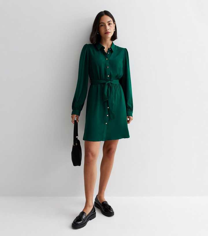 New Look Women's Dark Green Belted Mini Shirt Dress - UK 14