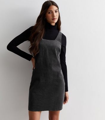 Dark Grey Cord Mini Pinafore Dress New Look