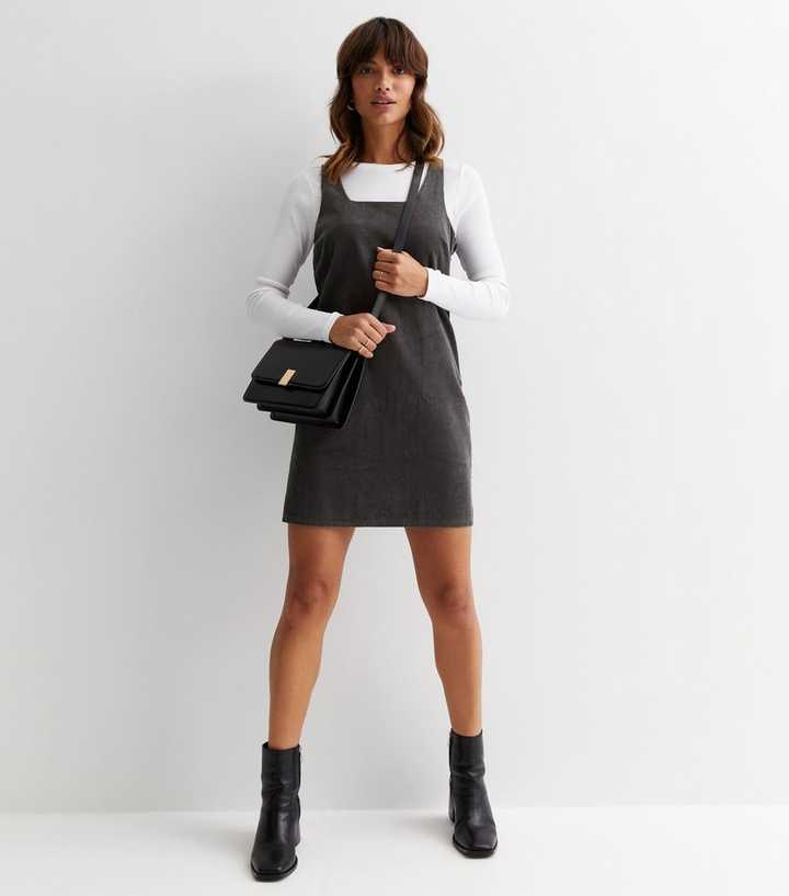 Dark Grey Cord Mini Pinafore Dress | New Look