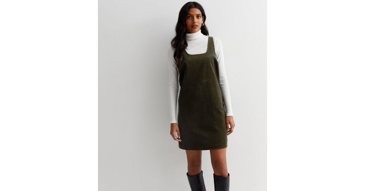 Khaki Green Pinafore Dress Denim Outfit Ladies Pinny Dress Dark Green Crepe  Pinafore Mini