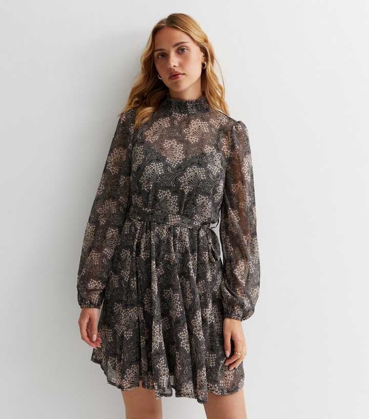 Black Floral Chiffon High Neck Mini Dress