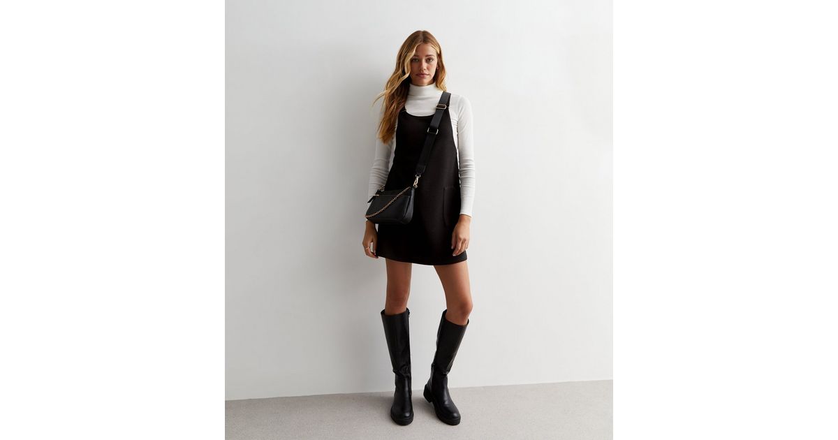 Boots Black Leather Overall Dress Black Crepe Pinafore Mini Dress