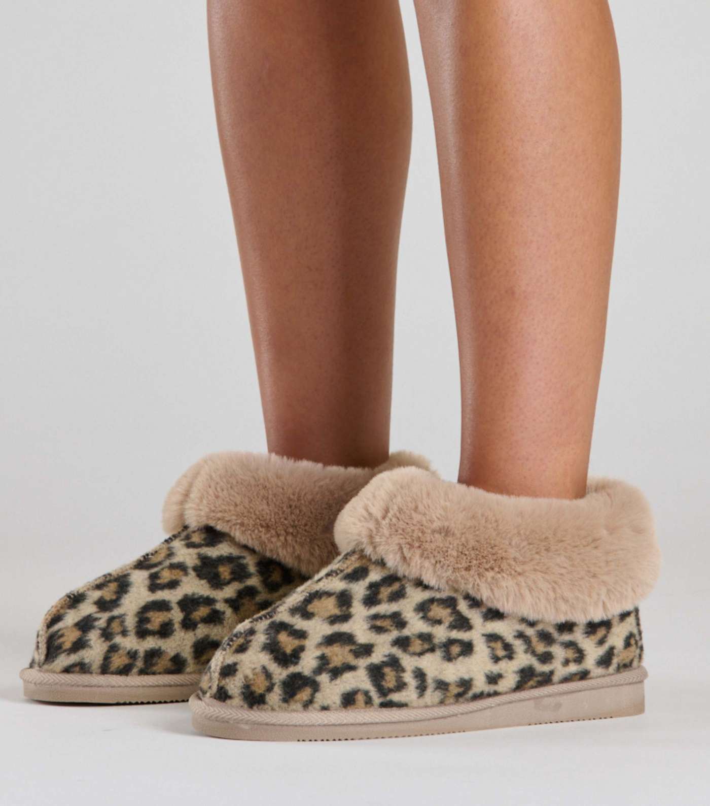 Loungeable Brown Leopard Print Felt Faux Fur Trim Slippers Image 3