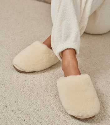 Loungeable Cream Real Sheepskin Fluffy Mule Slippers