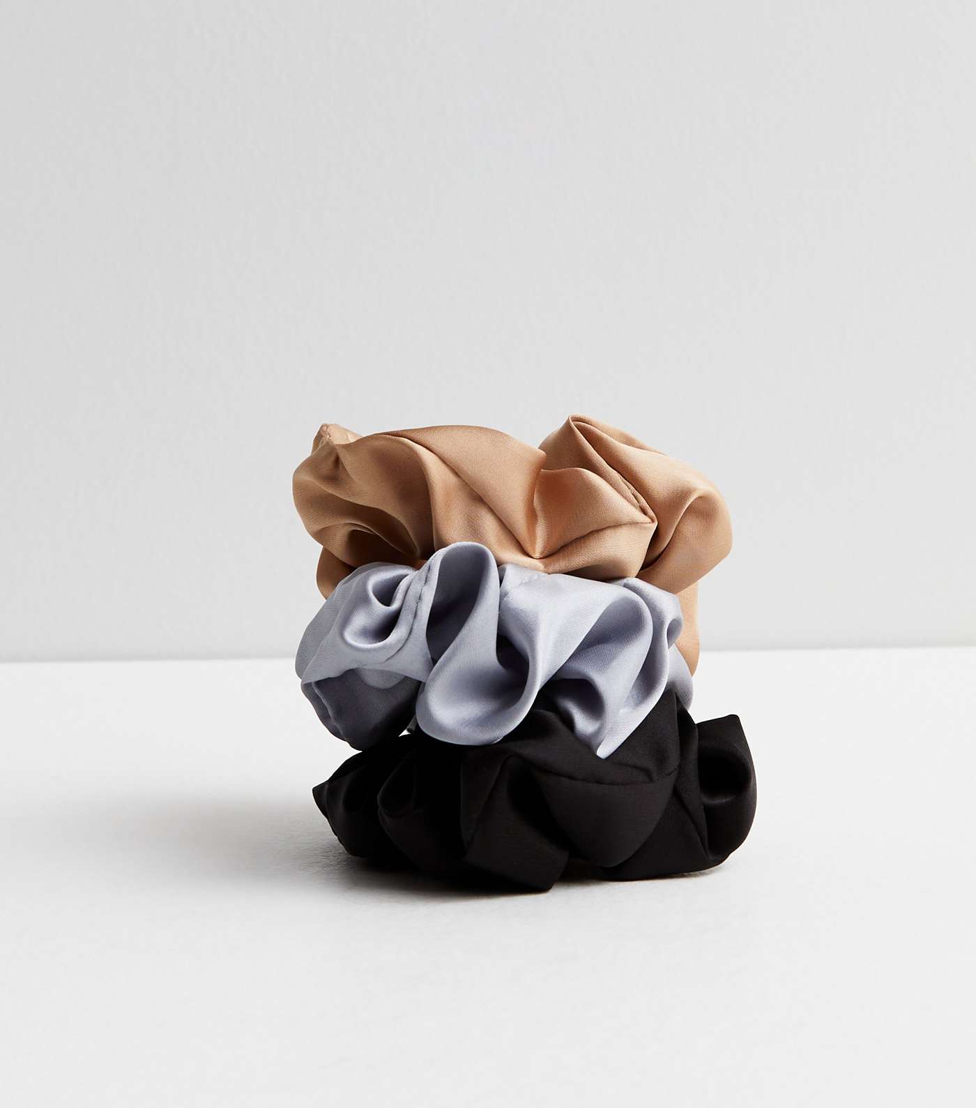 3 Pack Black Grey and Stone Satin Scrunchies Image 2