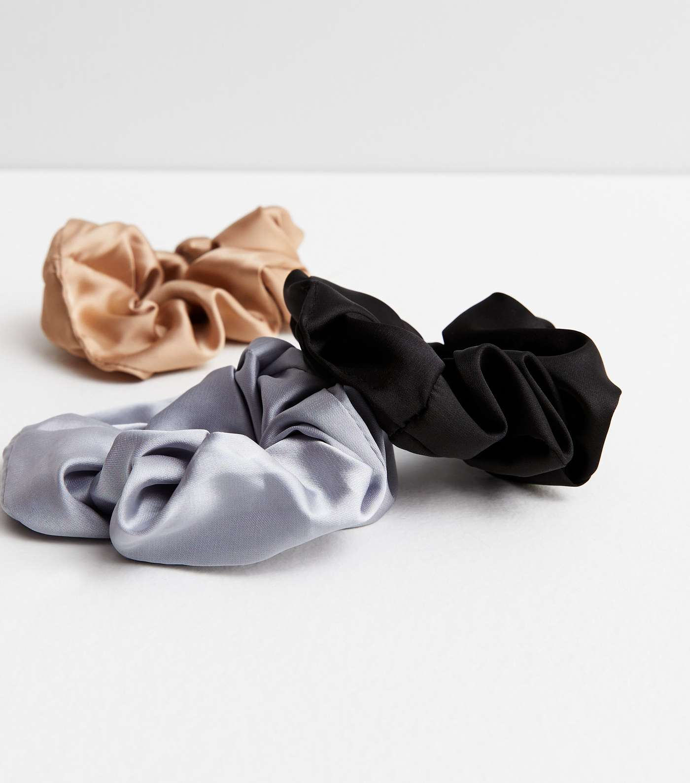 3 Pack Black Grey and Stone Satin Scrunchies Image 4