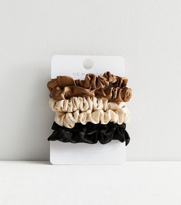 6 Pack Brown Black and Off White Satin Mini Scrunchies New Look
