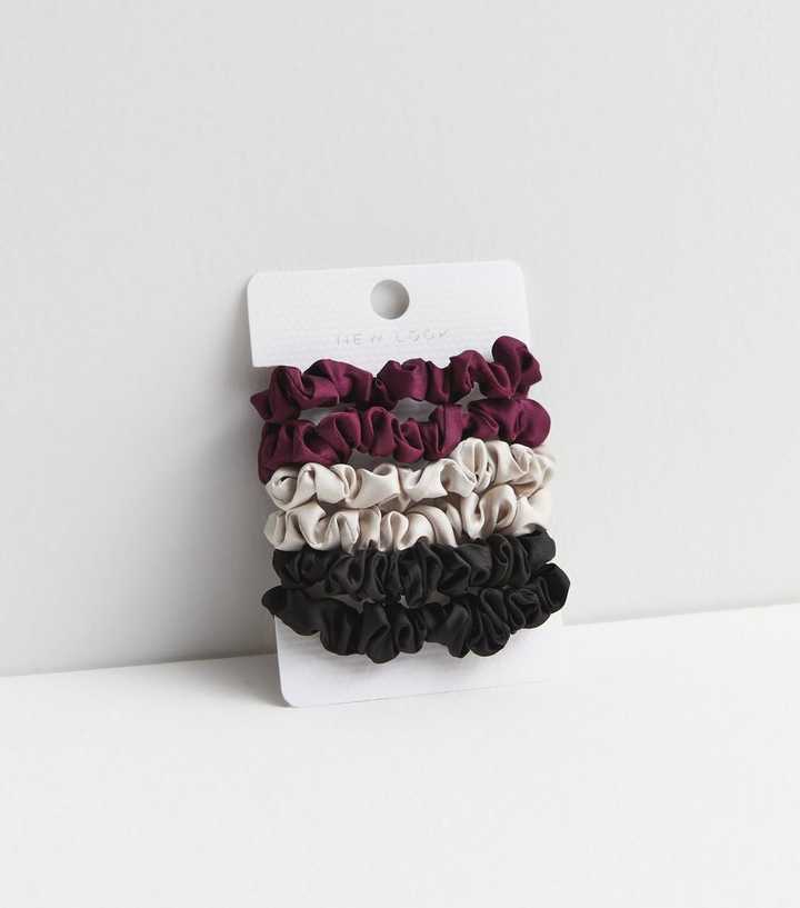 6 Pack of Burgundy Black and Stone Satin Mini Scrunchies