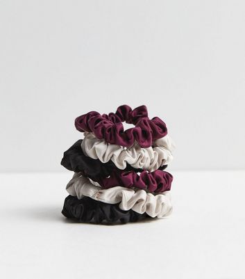 6 Pack Burgundy Black and Stone Satin Mini Scrunchies New Look