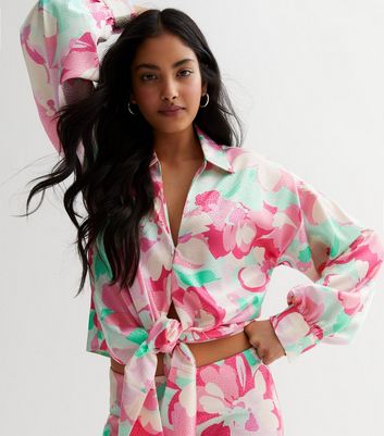 Pink Pattern Satin Tie Front Shirt New Look