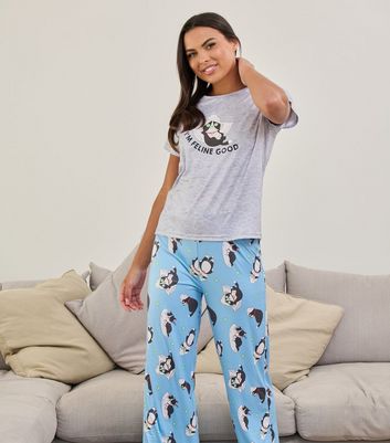 Loungeable Light Grey Trouser Pyjama Set with Cat Print New Look