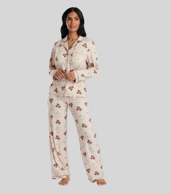 Loungeable Brown Trouser Pyjama Set with Teddy Bear Print New Look