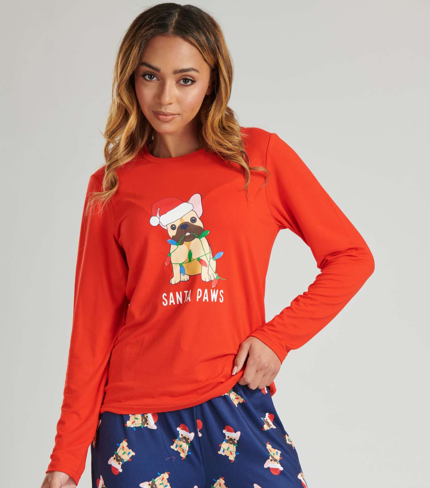 Loungeable Red Trouser Pyjama Set with Christmas Frenchie Print Image 3