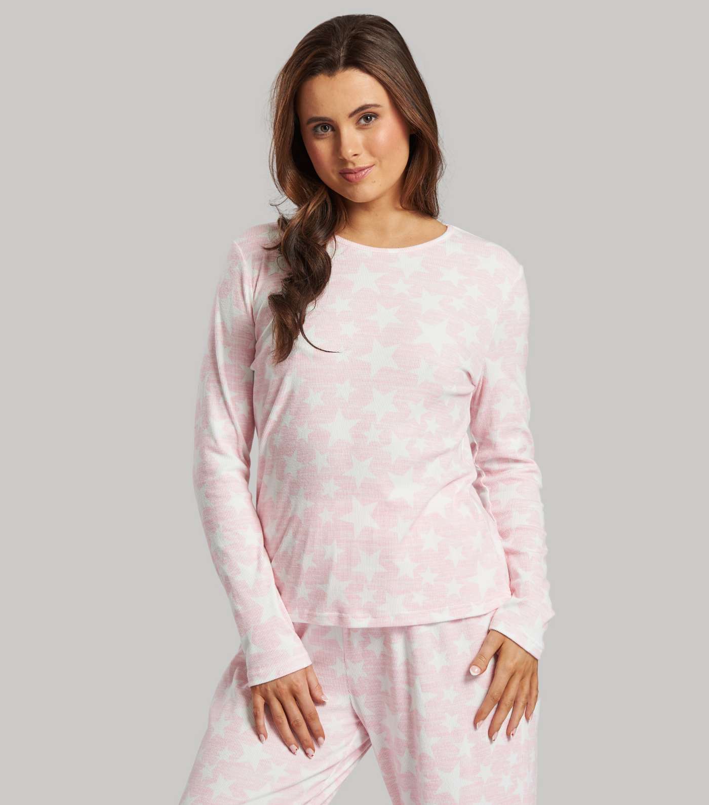 Loungeable Pink Super Soft Ribbed Trouser Pyjama Set with Star Print Image 2