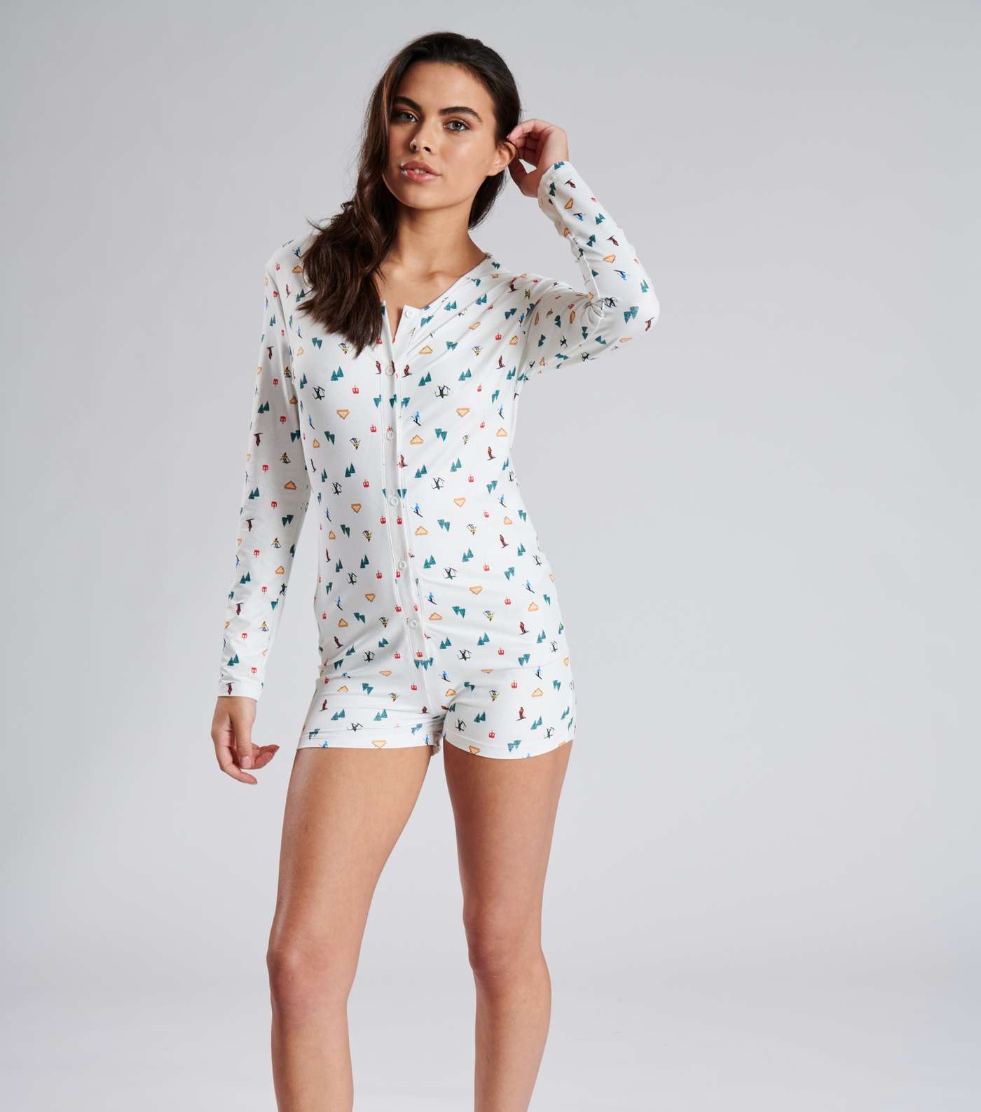 Loungeable White Pyjama Romper with Ski Print Image 3