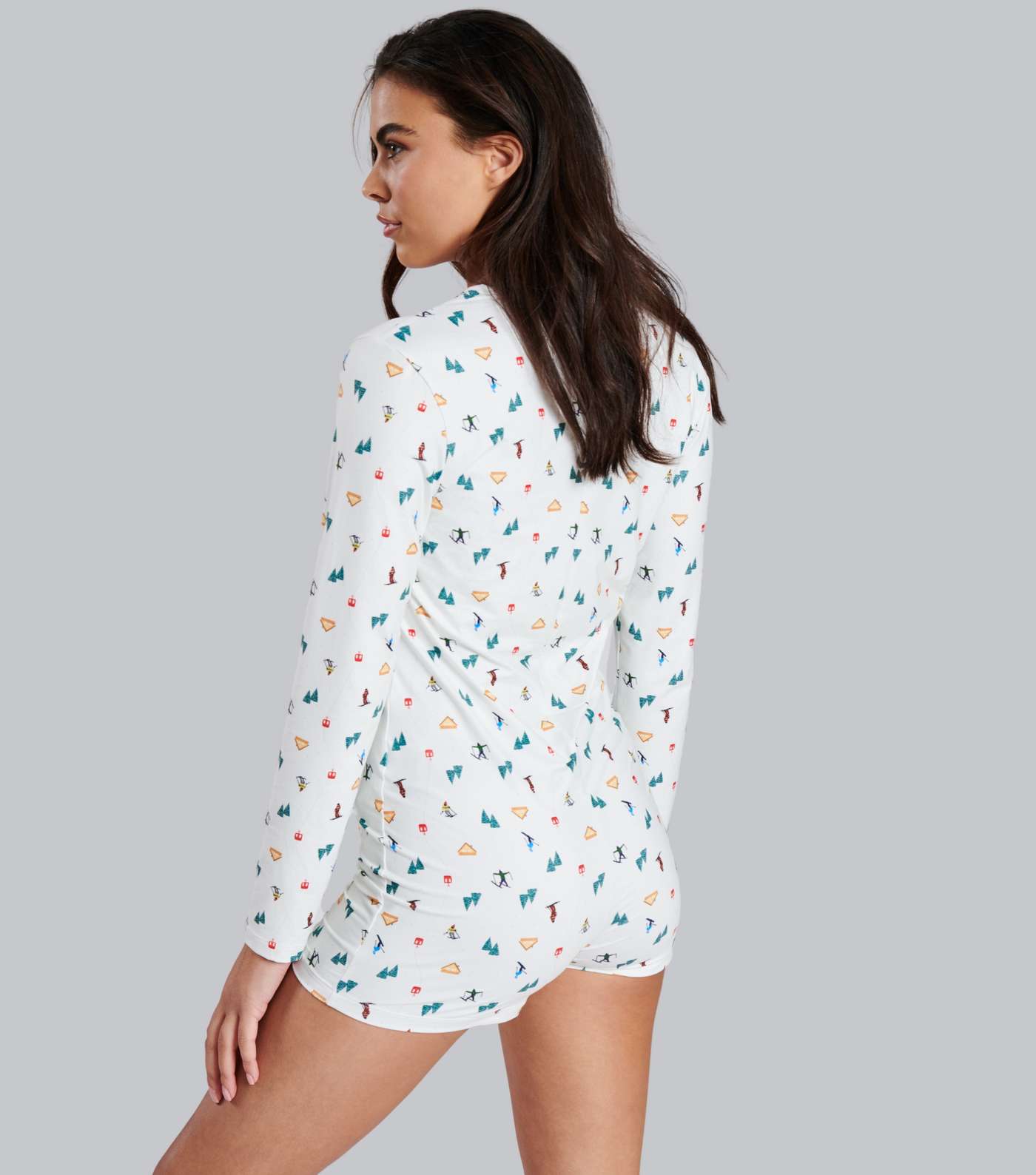 Loungeable White Pyjama Romper with Ski Print Image 5
