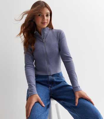 Girls Indigo Ribbed Zip Up Top