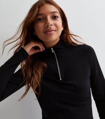 Girls Black Jersey Zip High Neck Top