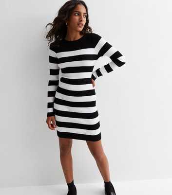 Petite Black Stripe Ribbed Knit Mini Dress