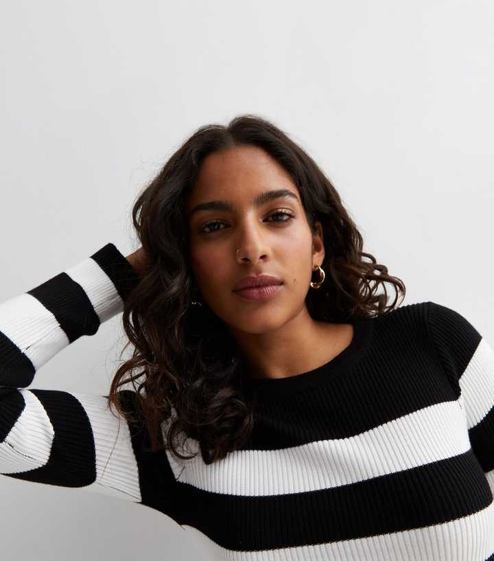 Petite Black Stripe Ribbed Knit Mini Dress | New Look