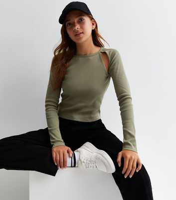 Girls Olive Ribbed Long Sleeve Cut Out Top