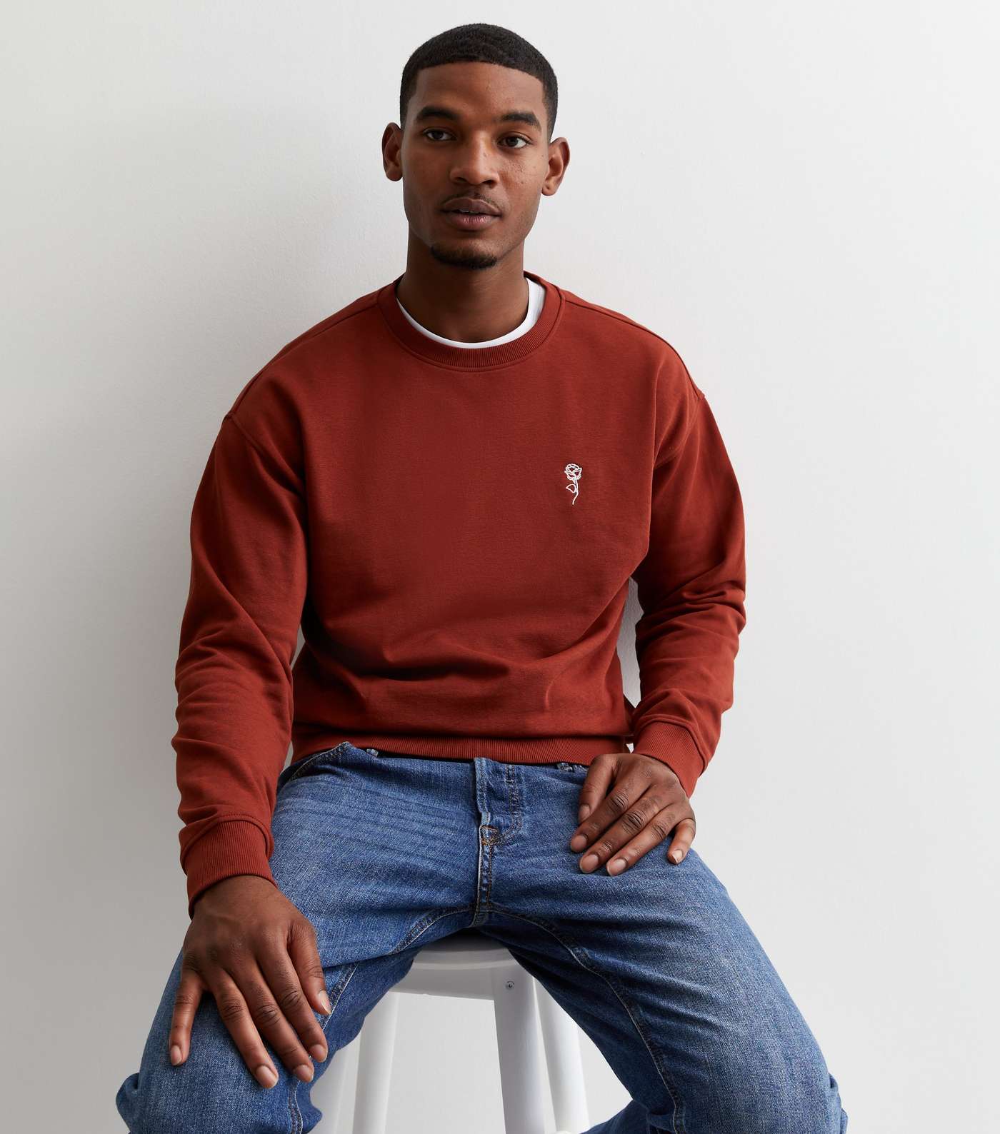 Rust Rose Embroidered Crew Neck Relaxed Fit Sweatshirt Image 2