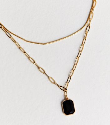 Black Faux Semi Precious Stone Layered Pendant Necklace New Look