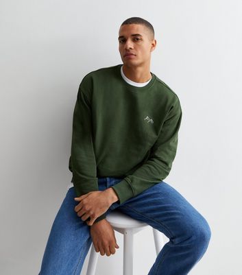 Men's Khaki Mountain Embroidered Crew Neck Relaxed Fit Sweatshirt New Look