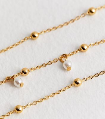 Gold Triple Metal and Faux Pearl Chain Necklace New Look