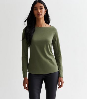 Khaki Slash Neck Long Sleeve Top | New Look