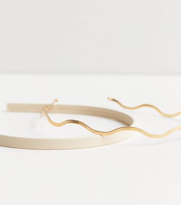 2 Pack Cream and Gold Thin Headbands New Look