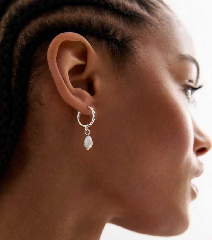 Silver Plated Faux Pearl Drop Hoop Earrings