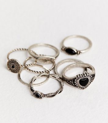 8 Pack Silver Black Stone Stacking Rings New Look