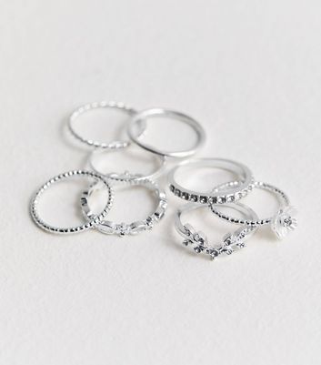 8 Pack Silver Flower Stacking Rings New Look