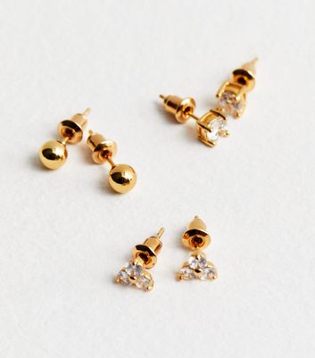 6 Pack Real Gold Plate Diamante Stud Earrings New Look