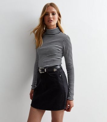 White Stripe Ribbed Roll Neck Top New Look