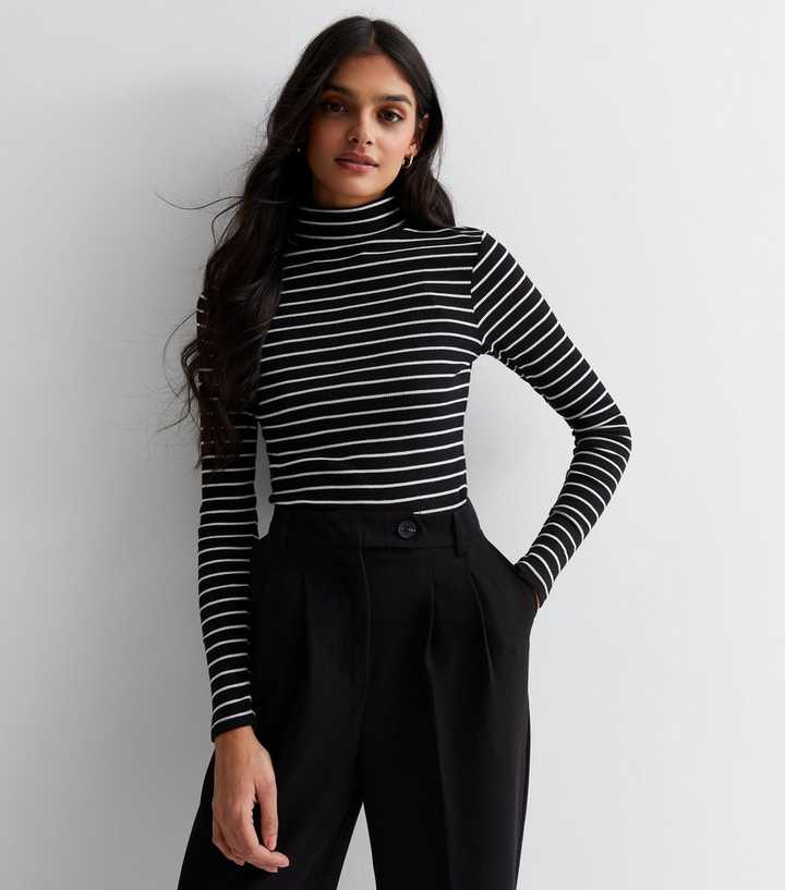 Black Stripe Ribbed Roll Neck Top