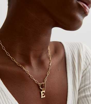 Real Gold Plate E Initial Chain Link Necklace