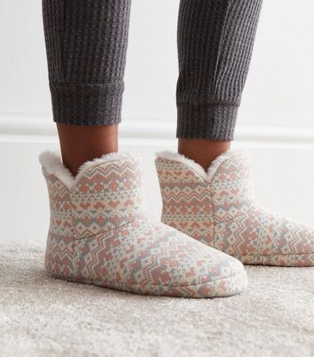 Cream Fair Isle Knit Slipper Boots New Look